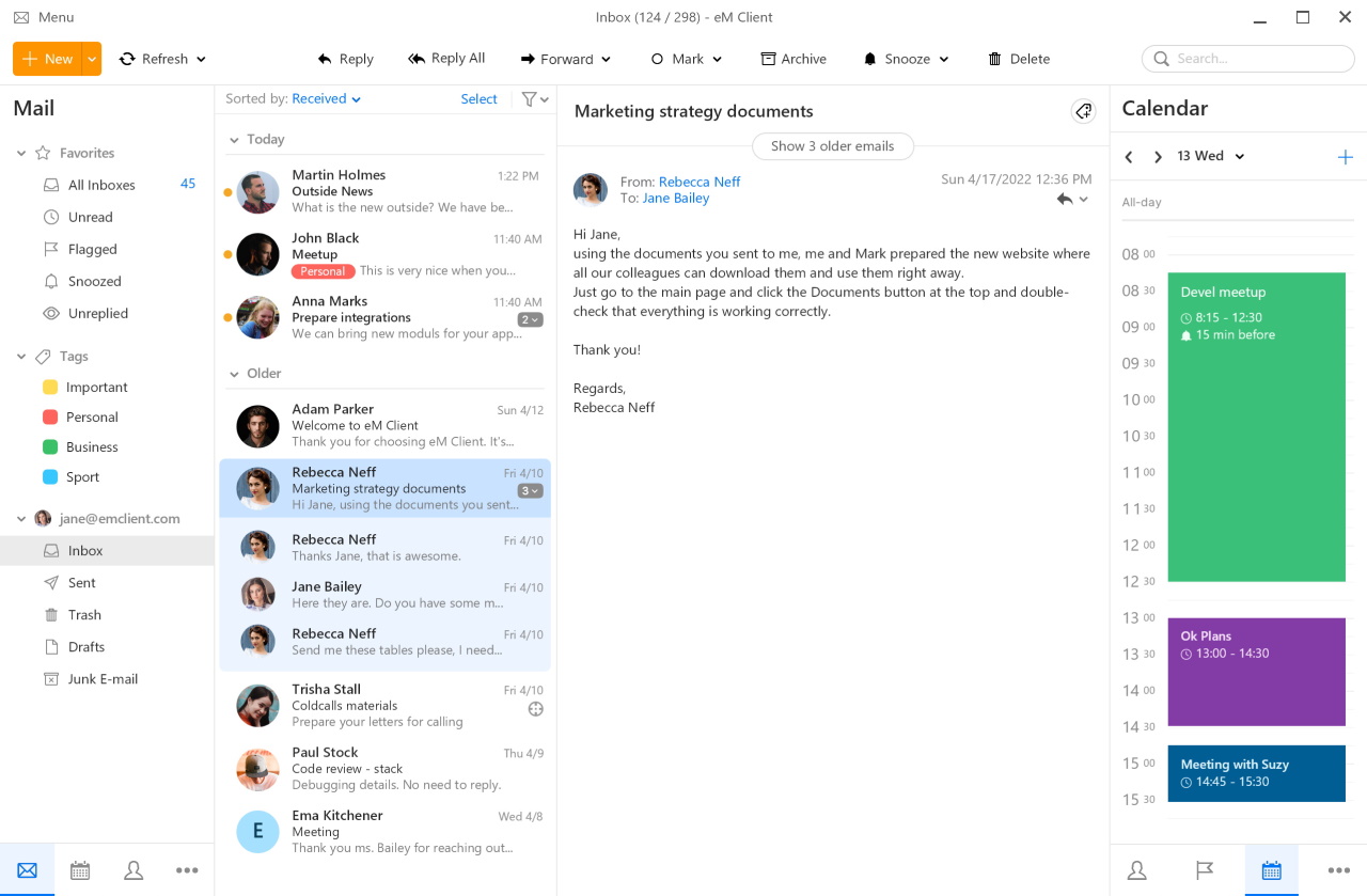 eM Client inbox with calendar