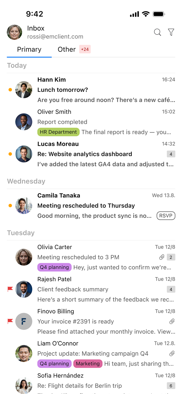 eM Client mobile inbox