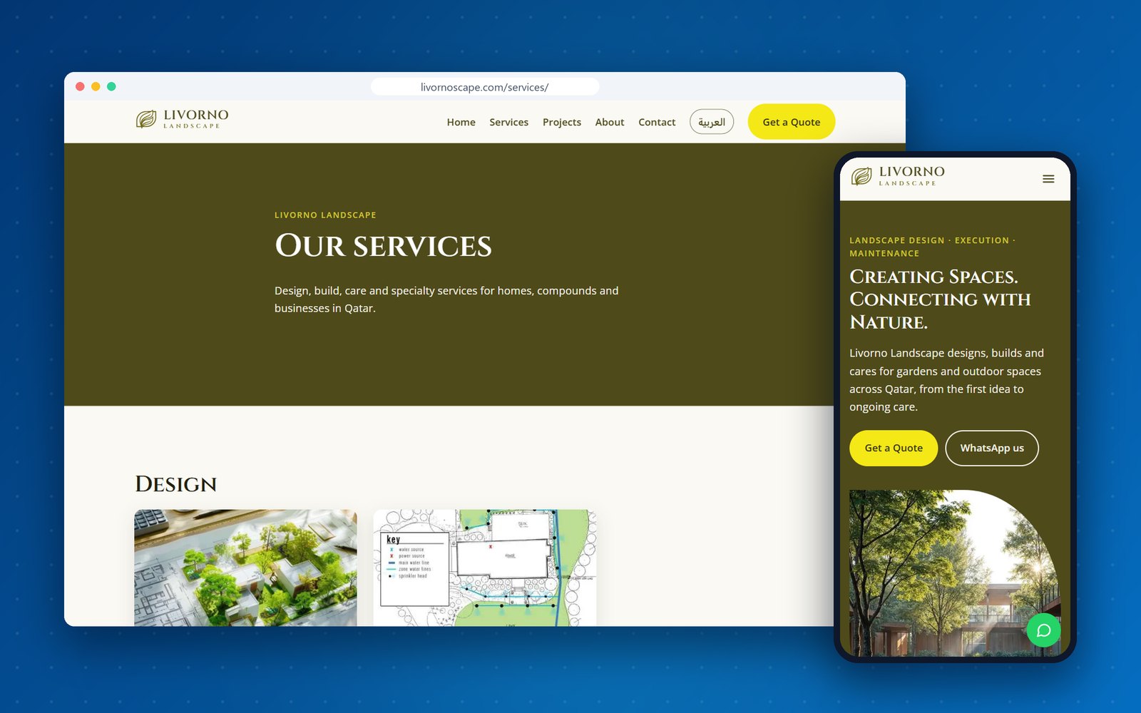 Livorno Landscape services page on desktop and phone